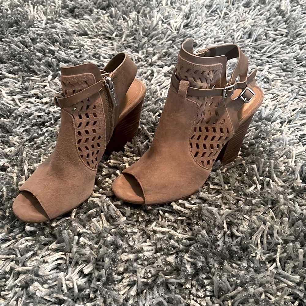 Tan/Taupe suede BCBGeneration open-toe bootie. Size 37.5/7.5.  Can fit Size 7.